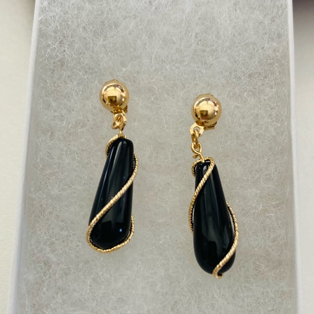 14K Yellow Gold 1” Onyx Dangle Gold Wire Twist Drop Earrings Vintage Unique - Picture 6 of 8